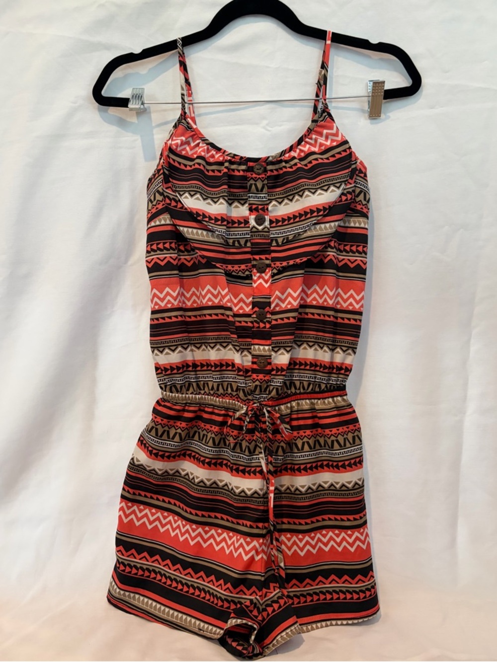 Papaya Coral Black Cream Aztec Print Romper